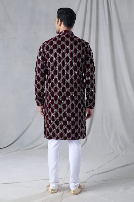 Shop_Arihant Rai Sinha_Maroon Velvet, Chanderi Sequins Geometric Embroidered Kurta With Churidar _at_Aza_Fashions