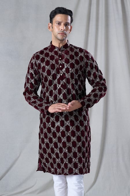 Arihant Rai Sinha_Maroon Velvet, Chanderi Sequins Geometric Embroidered Kurta With Churidar _Online_at_Aza_Fashions