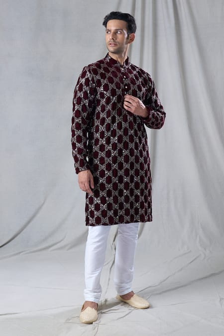 Shop_Arihant Rai Sinha_Maroon Velvet, Chanderi Sequins Geometric Embroidered Kurta With Churidar _Online_at_Aza_Fashions