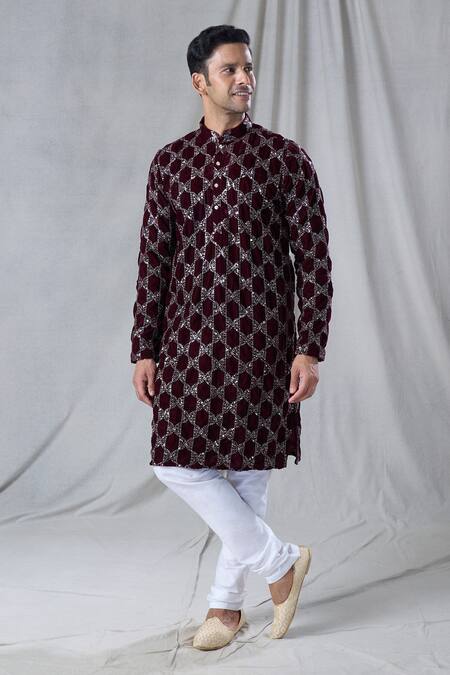 Arihant Rai Sinha_Maroon Velvet, Chanderi Sequins Geometric Embroidered Kurta With Churidar _at_Aza_Fashions