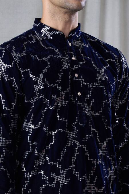 Arihant Rai Sinha Blue Velvet, Silk, Sequins Embroidered Kurta With Churidar Online at Aza Fashions Arihant Rai Sinha_Blue Velvet, Silk, Sequins Embroidered Kurta With Churidar _Online_at_Aza_Fashions