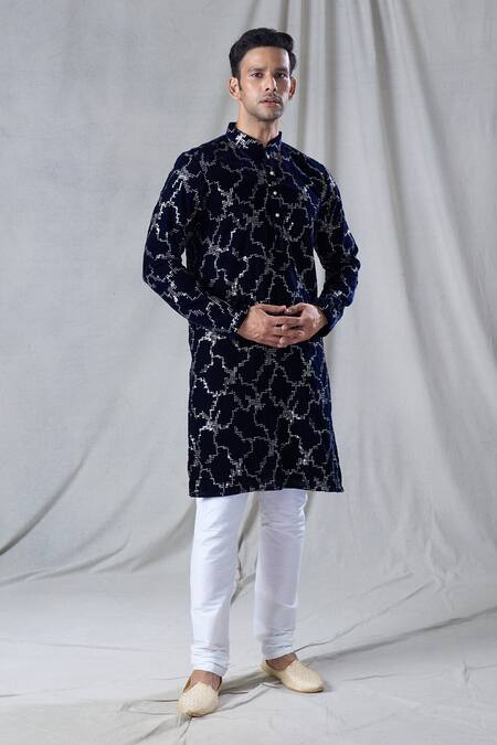 Buy Arihant Rai Sinha Blue Velvet, Silk, Sequins Embroidered Kurta With Churidar Online at Aza Fashions Buy_Arihant Rai Sinha_Blue Velvet, Silk, Sequins Embroidered Kurta With Churidar _Online_at_Aza_Fashions