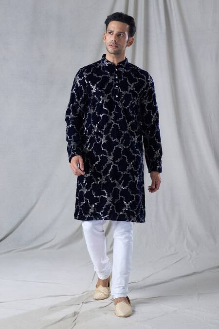 Shop Arihant Rai Sinha Blue Velvet, Silk, Sequins Embroidered Kurta With Churidar Online at Aza Fashions Shop_Arihant Rai Sinha_Blue Velvet, Silk, Sequins Embroidered Kurta With Churidar _Online_at_Aza_Fashions