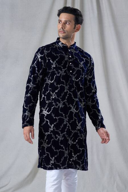 Arihant Rai Sinha Blue Velvet, Silk, Sequins Embroidered Kurta With Churidar at Aza Fashions Arihant Rai Sinha_Blue Velvet, Silk, Sequins Embroidered Kurta With Churidar _at_Aza_Fashions