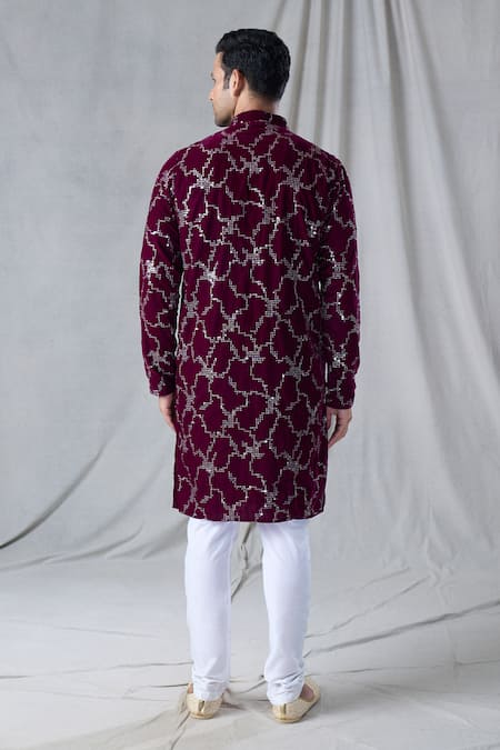 Shop Arihant Rai Sinha Maroon Velvet, Silk, Embroidered Straight Kurta With Churidar at Aza Fashions Shop_Arihant Rai Sinha_Maroon Velvet, Silk, Embroidered Straight Kurta With Churidar _at_Aza_Fashions