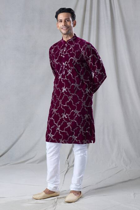 Buy Arihant Rai Sinha Maroon Velvet, Silk, Embroidered Straight Kurta With Churidar Online at Aza Fashions Buy_Arihant Rai Sinha_Maroon Velvet, Silk, Embroidered Straight Kurta With Churidar _Online_at_Aza_Fashions