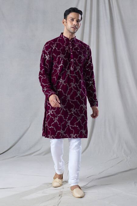 Shop Arihant Rai Sinha Maroon Velvet, Silk, Embroidered Straight Kurta With Churidar Online at Aza Fashions Shop_Arihant Rai Sinha_Maroon Velvet, Silk, Embroidered Straight Kurta With Churidar _Online_at_Aza_Fashions
