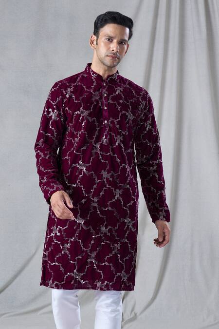 Arihant Rai Sinha Maroon Velvet, Silk, Embroidered Straight Kurta With Churidar at Aza Fashions Arihant Rai Sinha_Maroon Velvet, Silk, Embroidered Straight Kurta With Churidar _at_Aza_Fashions