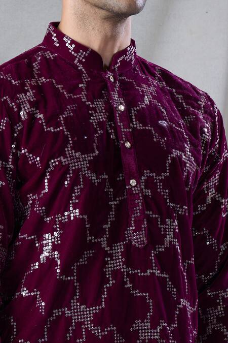 Buy Arihant Rai Sinha Maroon Velvet, Silk, Embroidered Straight Kurta With Churidar Buy_Arihant Rai Sinha_Maroon Velvet, Silk, Embroidered Straight Kurta With Churidar