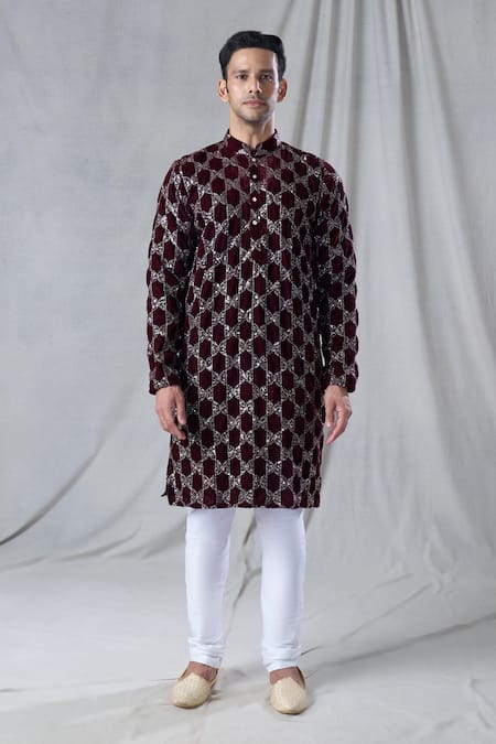 Arihant Rai Sinha Maroon Velvet Sequins, Embroidery Geometric Kurta Online at Aza Fashions Arihant Rai Sinha_Maroon Velvet Sequins, Embroidery Geometric Kurta _Online_at_Aza_Fashions