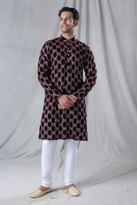 Buy Arihant Rai Sinha Maroon Velvet Sequins, Embroidery Geometric Kurta Online at Aza Fashions Buy_Arihant Rai Sinha_Maroon Velvet Sequins, Embroidery Geometric Kurta _Online_at_Aza_Fashions