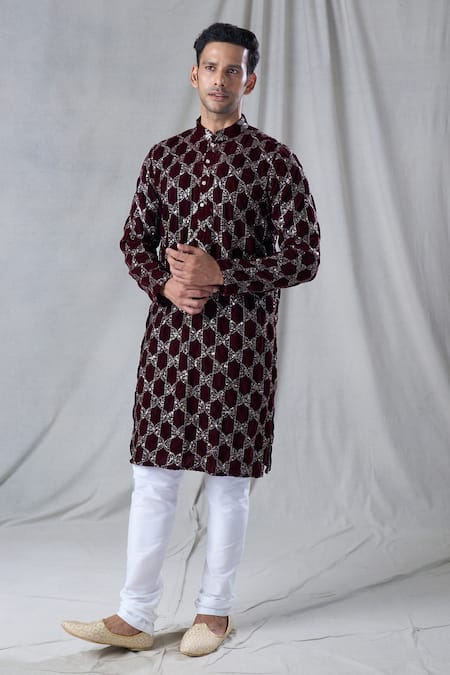 Shop Arihant Rai Sinha Maroon Velvet Sequins, Embroidery Geometric Kurta Online at Aza Fashions Shop_Arihant Rai Sinha_Maroon Velvet Sequins, Embroidery Geometric Kurta _Online_at_Aza_Fashions