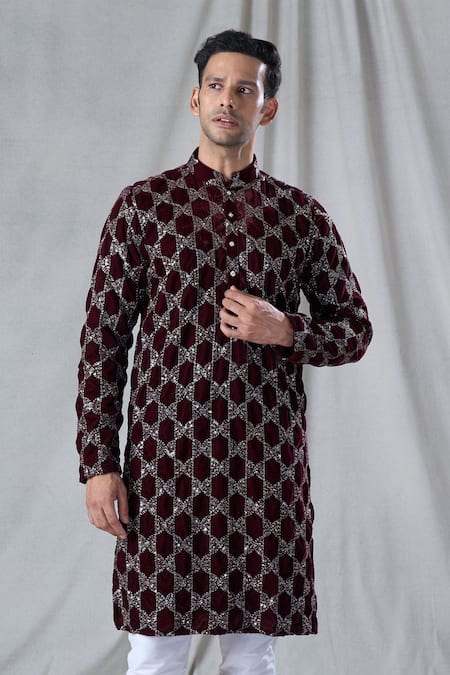 Arihant Rai Sinha Maroon Velvet Sequins, Embroidery Geometric Kurta at Aza Fashions Arihant Rai Sinha_Maroon Velvet Sequins, Embroidery Geometric Kurta _at_Aza_Fashions