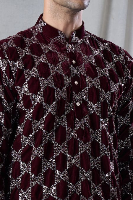 Buy Arihant Rai Sinha Maroon Velvet Sequins, Embroidery Geometric Kurta Buy_Arihant Rai Sinha_Maroon Velvet Sequins, Embroidery Geometric Kurta
