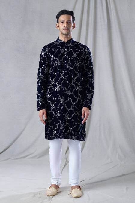 Arihant Rai Sinha Black Velvet Sequins Geometric Embroidered Straight Kurta Online at Aza Fashions Arihant Rai Sinha_Black Velvet Sequins Geometric Embroidered Straight Kurta _Online_at_Aza_Fashions