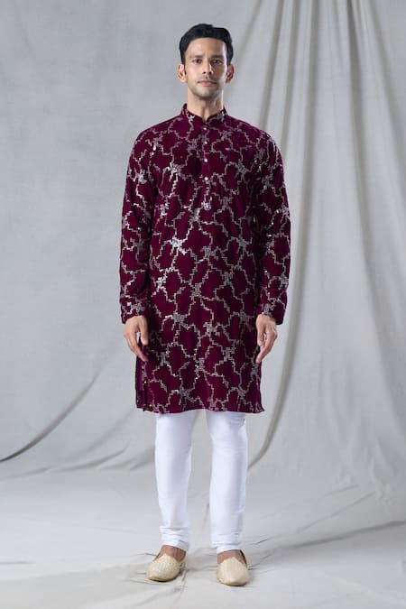 Arihant Rai Sinha Maroon Velvet Sequins Straight Geometric Embroidered Kurta Online at Aza Fashions Arihant Rai Sinha_Maroon Velvet Sequins Straight Geometric Embroidered Kurta _Online_at_Aza_Fashions