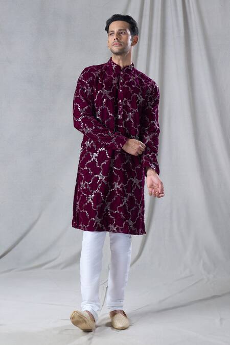 Buy Arihant Rai Sinha Maroon Velvet Sequins Straight Geometric Embroidered Kurta Online at Aza Fashions Buy_Arihant Rai Sinha_Maroon Velvet Sequins Straight Geometric Embroidered Kurta _Online_at_Aza_Fashions