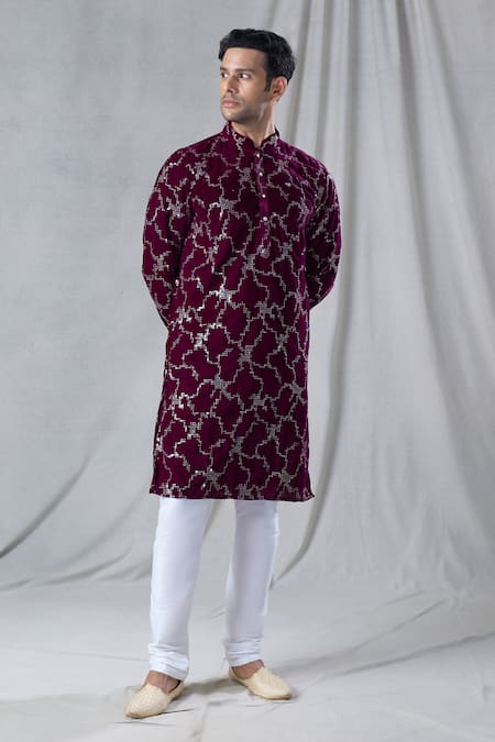 Shop Arihant Rai Sinha Maroon Velvet Sequins Straight Geometric Embroidered Kurta Online at Aza Fashions Shop_Arihant Rai Sinha_Maroon Velvet Sequins Straight Geometric Embroidered Kurta _Online_at_Aza_Fashions