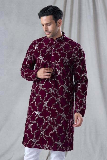 Arihant Rai Sinha Maroon Velvet Sequins Straight Geometric Embroidered Kurta at Aza Fashions Arihant Rai Sinha_Maroon Velvet Sequins Straight Geometric Embroidered Kurta _at_Aza_Fashions