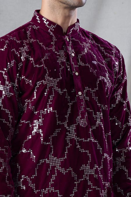 Buy Arihant Rai Sinha Maroon Velvet Sequins Straight Geometric Embroidered Kurta Buy_Arihant Rai Sinha_Maroon Velvet Sequins Straight Geometric Embroidered Kurta