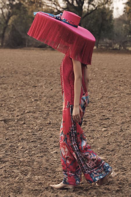 Aditi Gupta_Pink Georgette, Satin, Crepe Embroidery, Sequins Zardosi Top And Flared Pant Set _Online_at_Aza_Fashions