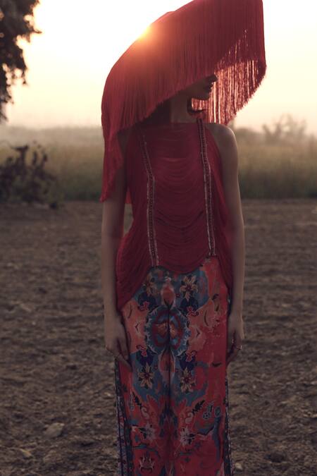 Buy_Aditi Gupta_Pink Georgette, Satin, Crepe Embroidery, Sequins Zardosi Top And Flared Pant Set _Online_at_Aza_Fashions