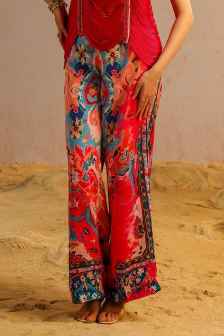 Aditi Gupta_Pink Georgette, Satin, Crepe Embroidery, Sequins Zardosi Top And Flared Pant Set _at_Aza_Fashions