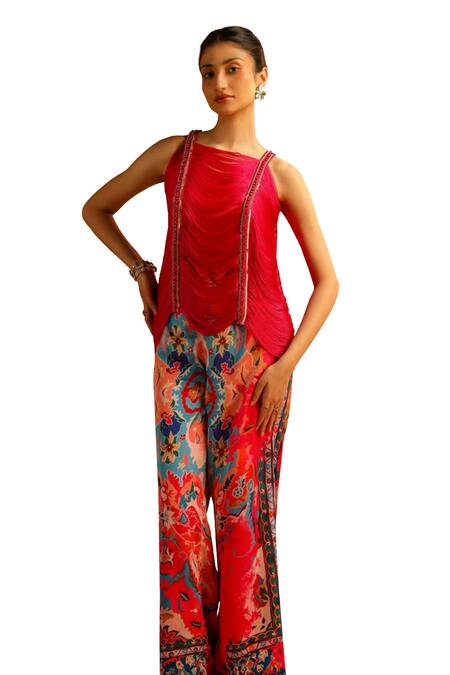 Buy_Aditi Gupta_Pink Georgette, Satin, Crepe Embroidery, Sequins Zardosi Top And Flared Pant Set 