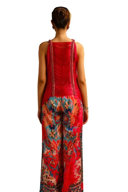 Shop_Aditi Gupta_Pink Georgette, Satin, Crepe Embroidery, Sequins Zardosi Top And Flared Pant Set 