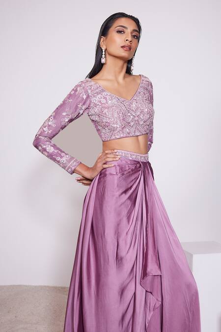 Panihari Pink Silk, Satin Sequins, Beads Floral Embroidered Blouse With Draped Skirt Online at Aza Fashions Panihari_Pink Silk, Satin Sequins, Beads Floral Embroidered Blouse With Draped Skirt _Online_at_Aza_Fashions