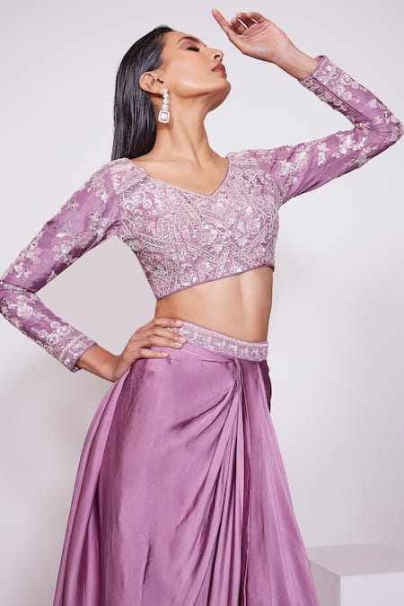 Buy Panihari Pink Silk, Satin Sequins, Beads Floral Embroidered Blouse With Draped Skirt Online at Aza Fashions Buy_Panihari_Pink Silk, Satin Sequins, Beads Floral Embroidered Blouse With Draped Skirt _Online_at_Aza_Fashions