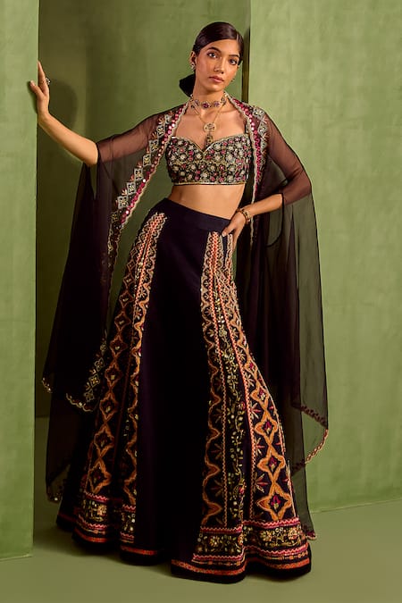 Neha Khullar Black Viscose Raw Silk Zari Embroidered Asymmetric Printed Sharara Set 