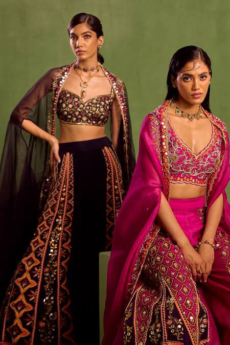 Buy_Neha Khullar_Black Organza, Viscose Zari Embroidered Asymmetric Cape Printed Sharara Set _Online_at_Aza_Fashions