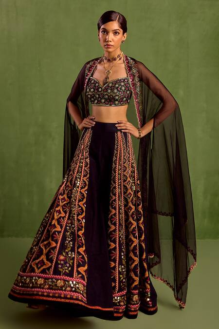 Shop_Neha Khullar_Black Organza, Viscose Zari Embroidered Asymmetric Cape Printed Sharara Set _Online_at_Aza_Fashions