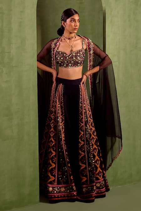 Neha Khullar_Black Organza, Viscose Zari Embroidered Asymmetric Cape Printed Sharara Set _at_Aza_Fashions
