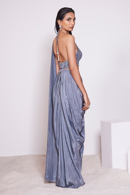 Panihari Pre-Draped Skirt Saree With Halter Neck Embroidered Blouse 