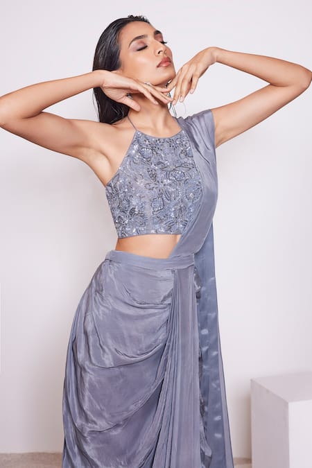 Panihari Grey Silk, Satin Cut Work, Pre-draped Skirt Saree With Embroidered Blouse Online at Aza Fashions Panihari_Grey Silk, Satin Cut Work, Pre-draped Skirt Saree With Embroidered Blouse _Online_at_Aza_Fashions