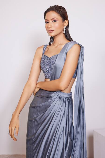 Shop Panihari Grey Silk, Satin Cut Work, Sequins, Pre-draped Skirt Saree With Blouse Online at Aza Fashions Shop_Panihari_Grey Silk, Satin Cut Work, Sequins, Pre-draped Skirt Saree With Blouse _Online_at_Aza_Fashions