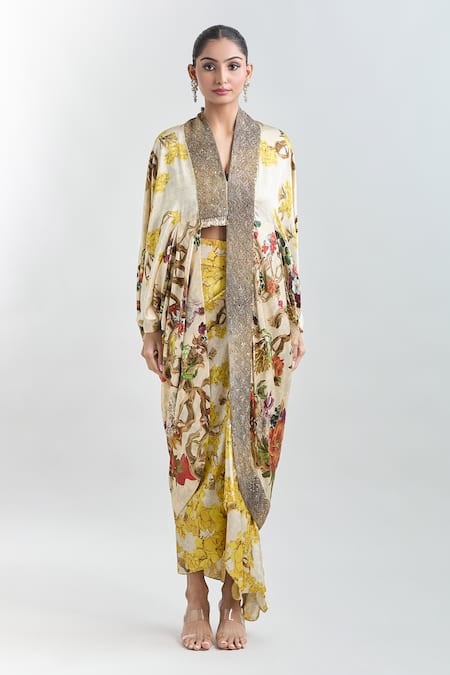 Anamika Khanna White Cotton Floral Print Cape Top And Draped Skirt Set Online at Aza Fashions Anamika Khanna_White Cotton Floral Print Cape Top And Draped Skirt Set_Online_at_Aza_Fashions