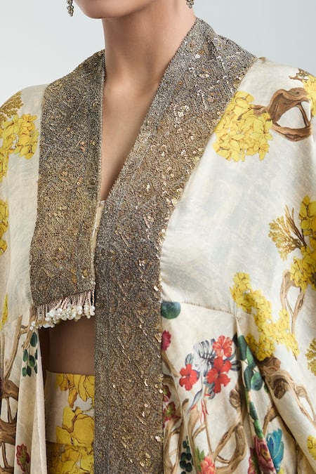 Buy Anamika Khanna White Cotton Floral Print Cape Top And Draped Skirt Set Online at Aza Fashions Buy_Anamika Khanna_White Cotton Floral Print Cape Top And Draped Skirt Set_Online_at_Aza_Fashions