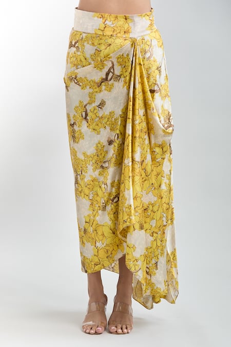 Shop Anamika Khanna White Cotton Floral Print Cape Top And Draped Skirt Set Online at Aza Fashions Shop_Anamika Khanna_White Cotton Floral Print Cape Top And Draped Skirt Set_Online_at_Aza_Fashions