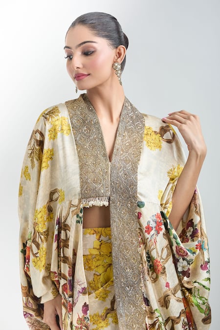 Anamika Khanna White Cotton Floral Print Cape Top And Draped Skirt Set at Aza Fashions Anamika Khanna_White Cotton Floral Print Cape Top And Draped Skirt Set_at_Aza_Fashions