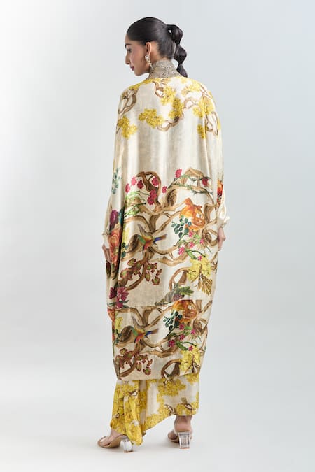 Shop Anamika Khanna White Cotton Floral Print Cape Top And Draped Skirt Set at Aza Fashions Shop_Anamika Khanna_White Cotton Floral Print Cape Top And Draped Skirt Set_at_Aza_Fashions