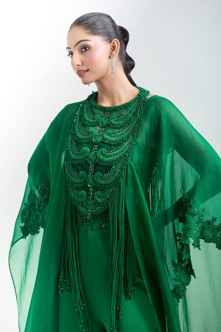 Shop Anamika Khanna Green Embroidery Cape Top And Pant Set Online at Aza Fashions Shop_Anamika Khanna_Green Embroidery Cape Top And Pant Set_Online_at_Aza_Fashions