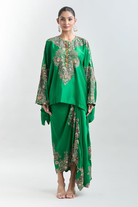 Anamika Khanna_Green Silk Embroidery Paisley Cape Tunic And Draped Skirt Set_Online_at_Aza_Fashions