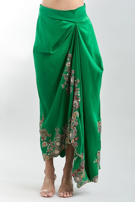 Buy_Anamika Khanna_Green Silk Embroidery Paisley Cape Tunic And Draped Skirt Set_Online_at_Aza_Fashions
