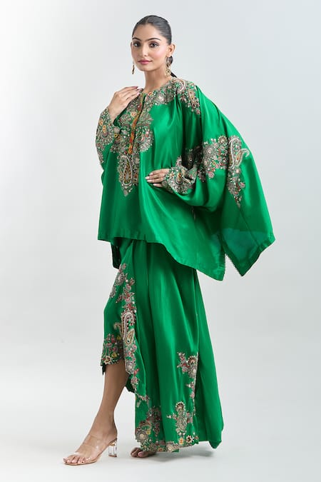 Shop_Anamika Khanna_Green Silk Embroidery Paisley Cape Tunic And Draped Skirt Set_Online_at_Aza_Fashions