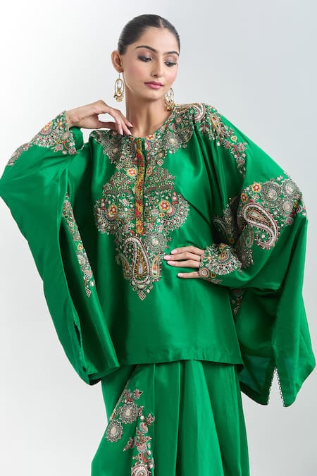 Anamika Khanna_Green Silk Embroidery Paisley Cape Tunic And Draped Skirt Set_at_Aza_Fashions