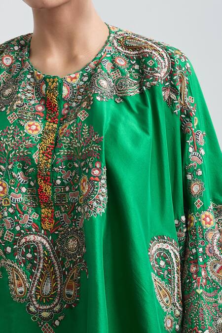 Buy_Anamika Khanna_Green Silk Embroidery Paisley Cape Tunic And Draped Skirt Set