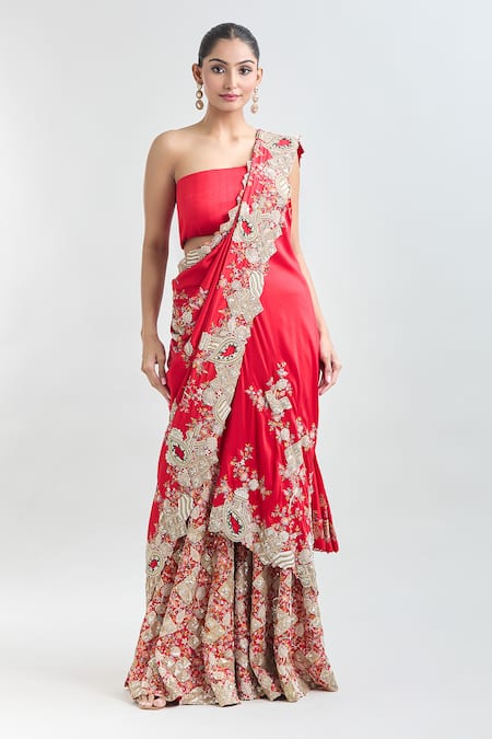 Anamika Khanna Embroidered Pre-Draped Saree With Unstitched Blouse Piece 